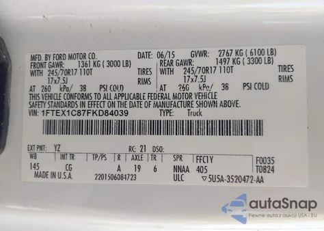 2015 Ford F-150 Xl из США, поврежденный, VIN 1FTEX1C87FKD84039